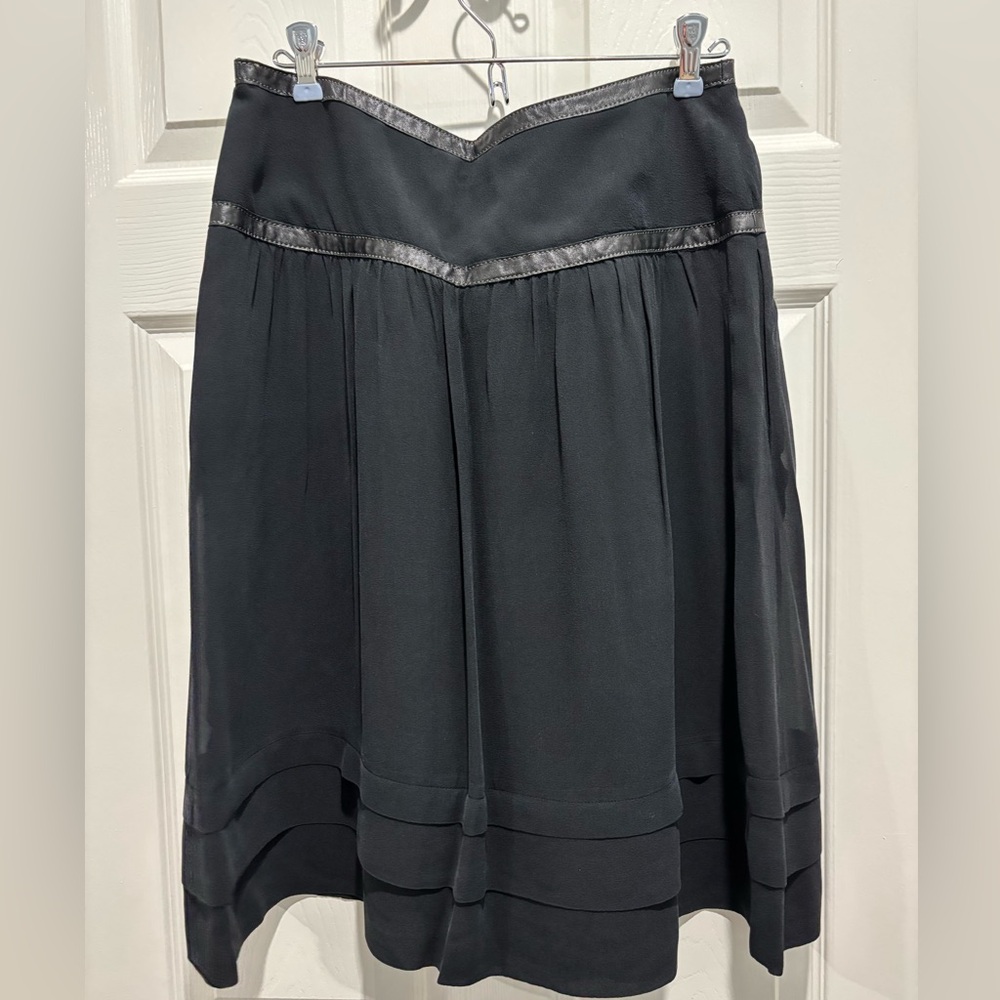 Cacharel Black A-Line Silk Skirt with Leather Accents